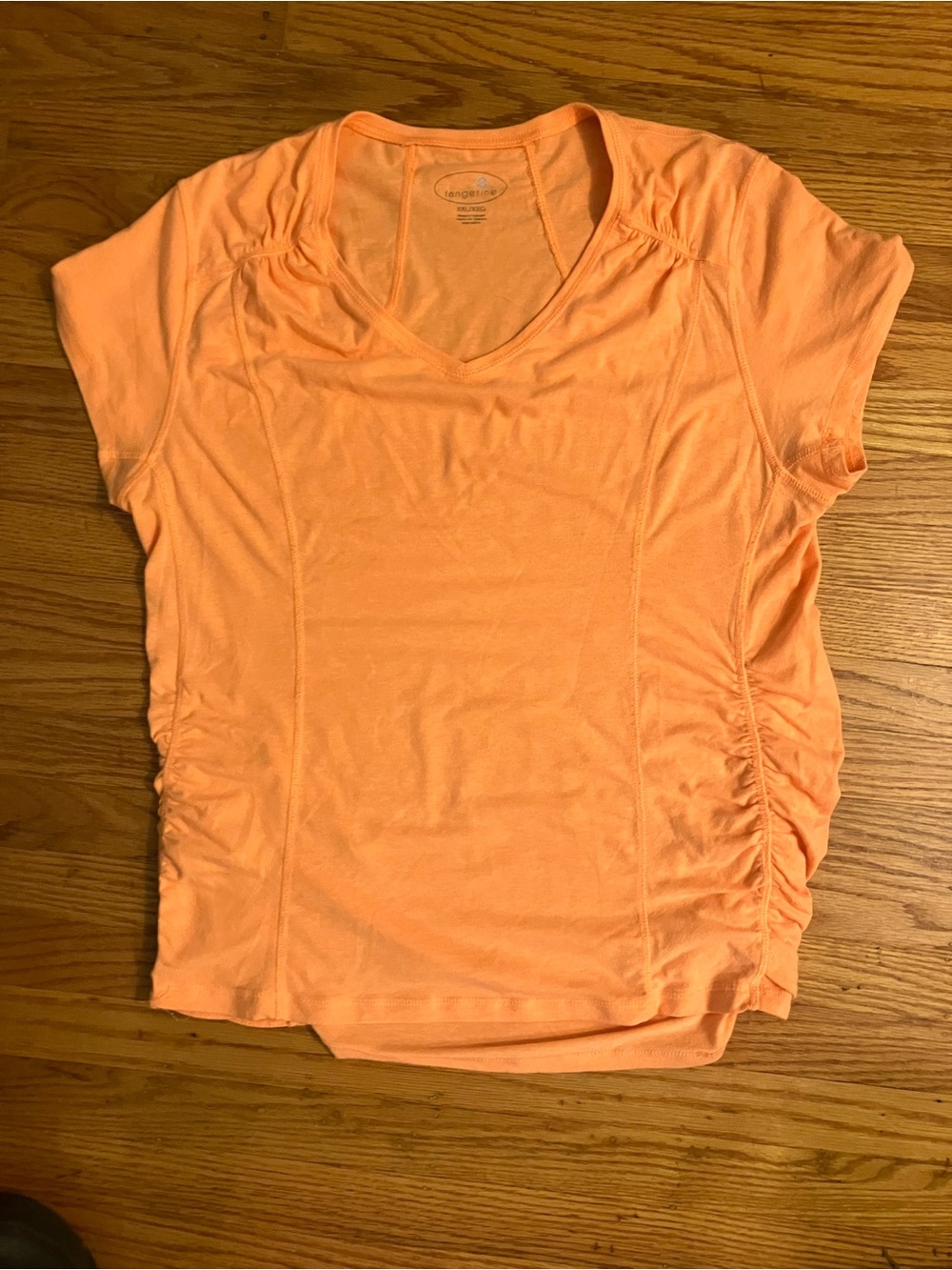 Tangerine Short-Sleeve V-Neck Top with Side Ruching - Peach